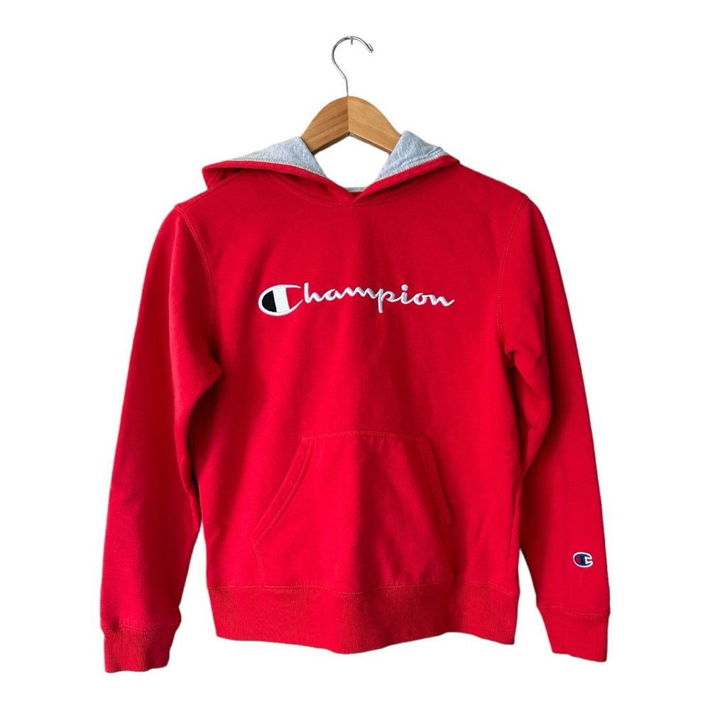 Champion Boys Classic Script Logo Hoodie Red Size Large